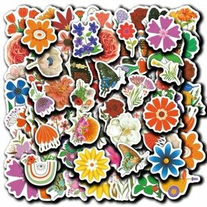 100 Colorful Flower Stickers Insects Nature Garden Blossoms